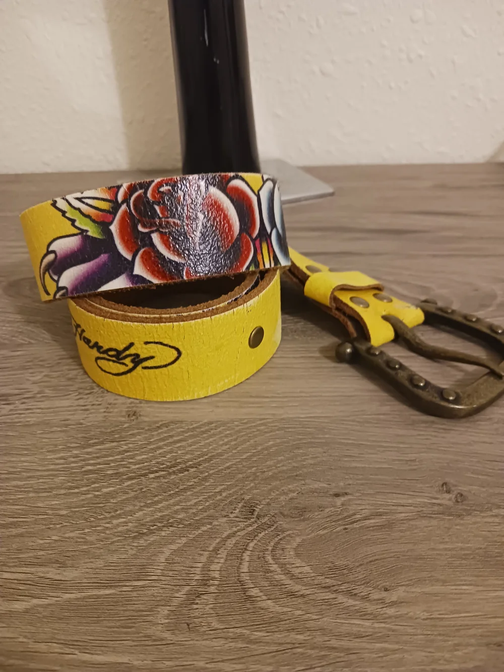 Ed Hardy YellowLeather Belt with Multicolor Rose /Panther Design